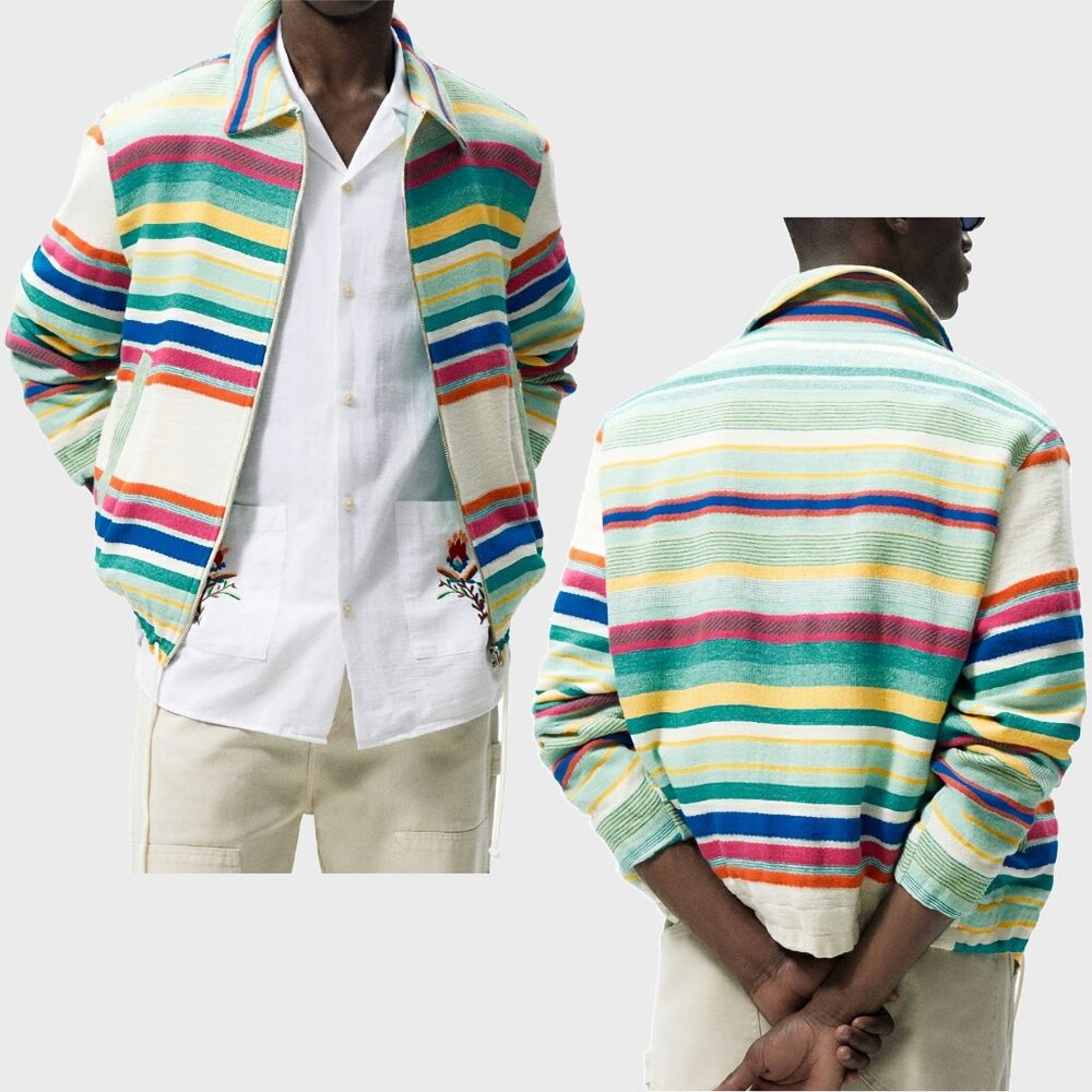 NEW Zara Cotton Blend Jacquard Multi-colored Bomber Jacket, Size L